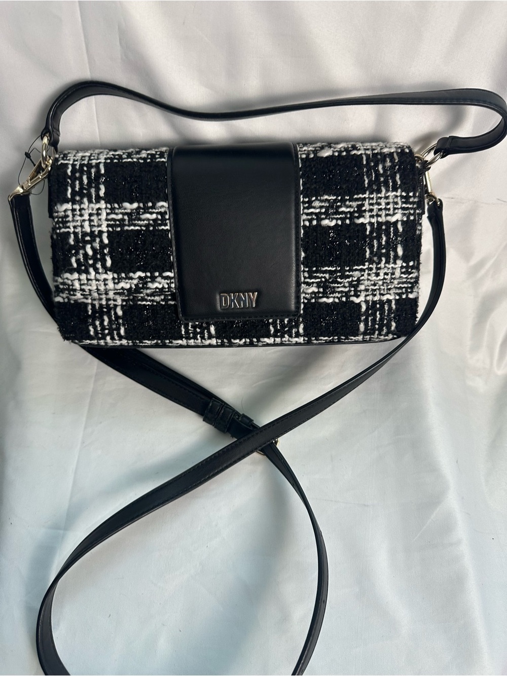 DKNY Black and White Tweed Crossbody Bag with Leather Accent